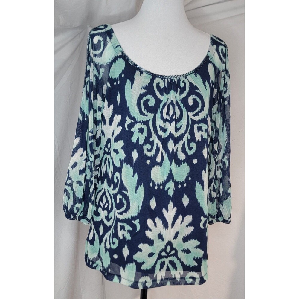 INC Womens Large Blue Print Open Shoulder Mesh Tunic Blouse Top Sheer Sleeves